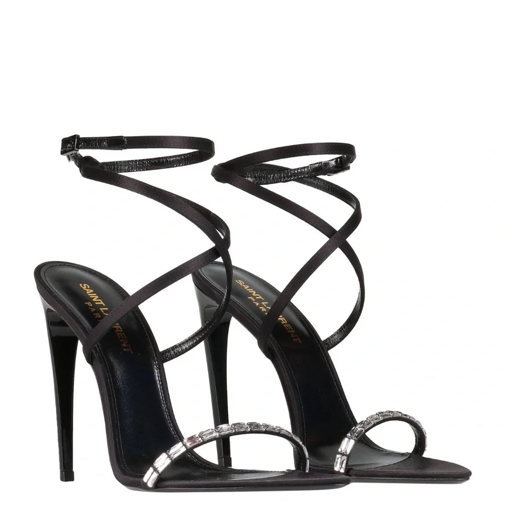 Saint Laurent Black Ankle Wrap Stiletto Heels - Picture 3 of 4